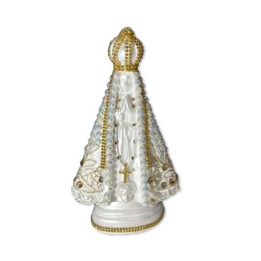 IMAGEM DE GESSO NOSSA SENHORA APARECIDA PÉROLA COM STRASS MOD15 23CM (1 UNIDADE)