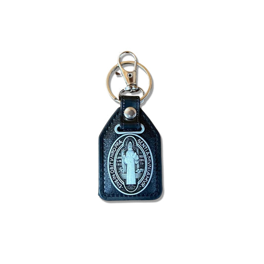 CHAVEIRO COURO COM MOSQUETE MEDALHA SÃO BENTO PRATA VELHA ( 6 UNIDADES)