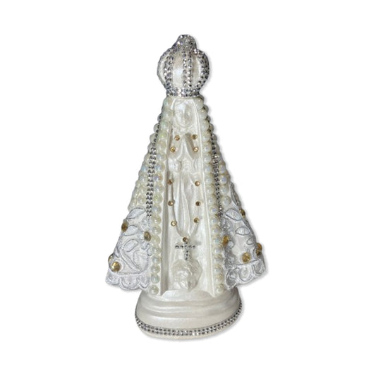 IMAGEM DE GESSO NOSSA SENHORA APARECIDA PÉROLA COM STRASS MOD08 23CM (1 UNIDADE)