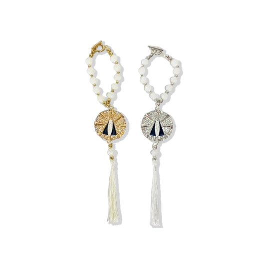 DEZENA PARA CARRO DOURADA E PRATEADA NOSSA SENHORA APARECIDA RAIADO AMORA BRANCA 10MM (3 UNIDADES)