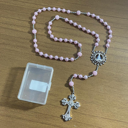 TERÇO DE NOIVA PRATEADO PÉROLA ROSA NOSSA SENHORA APARECIDA 08MM (1 UNIDADE)