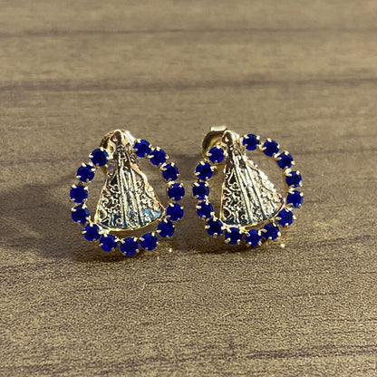 PAR BRINCOS DOURADOS NOSSA SENHORA APARECIDA COM STRASS AZUL (1 UNIDADE)
