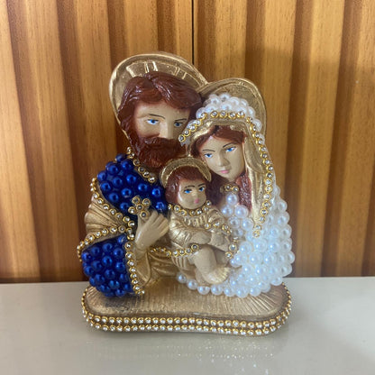BUSTO DE GESSO SAGRADA FAMÍLIA COLORIDO COM PÉROLA E STRASS 13CM MOD 1 (1 UNIDADE)