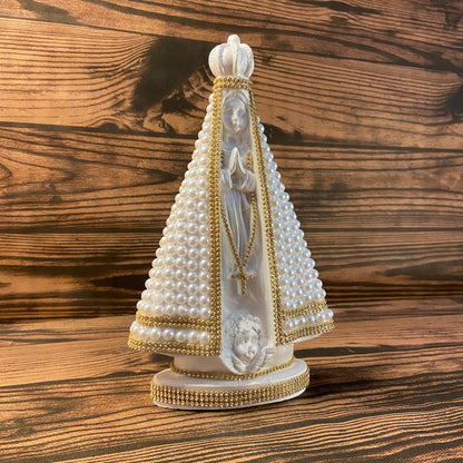 IMAGEM DE GESSO NOSSA SENHORA APARECIDA BRANCA PÉROLA BRANCA COM STRASS 26,5CM MOD 2   (1 UNIDADE)