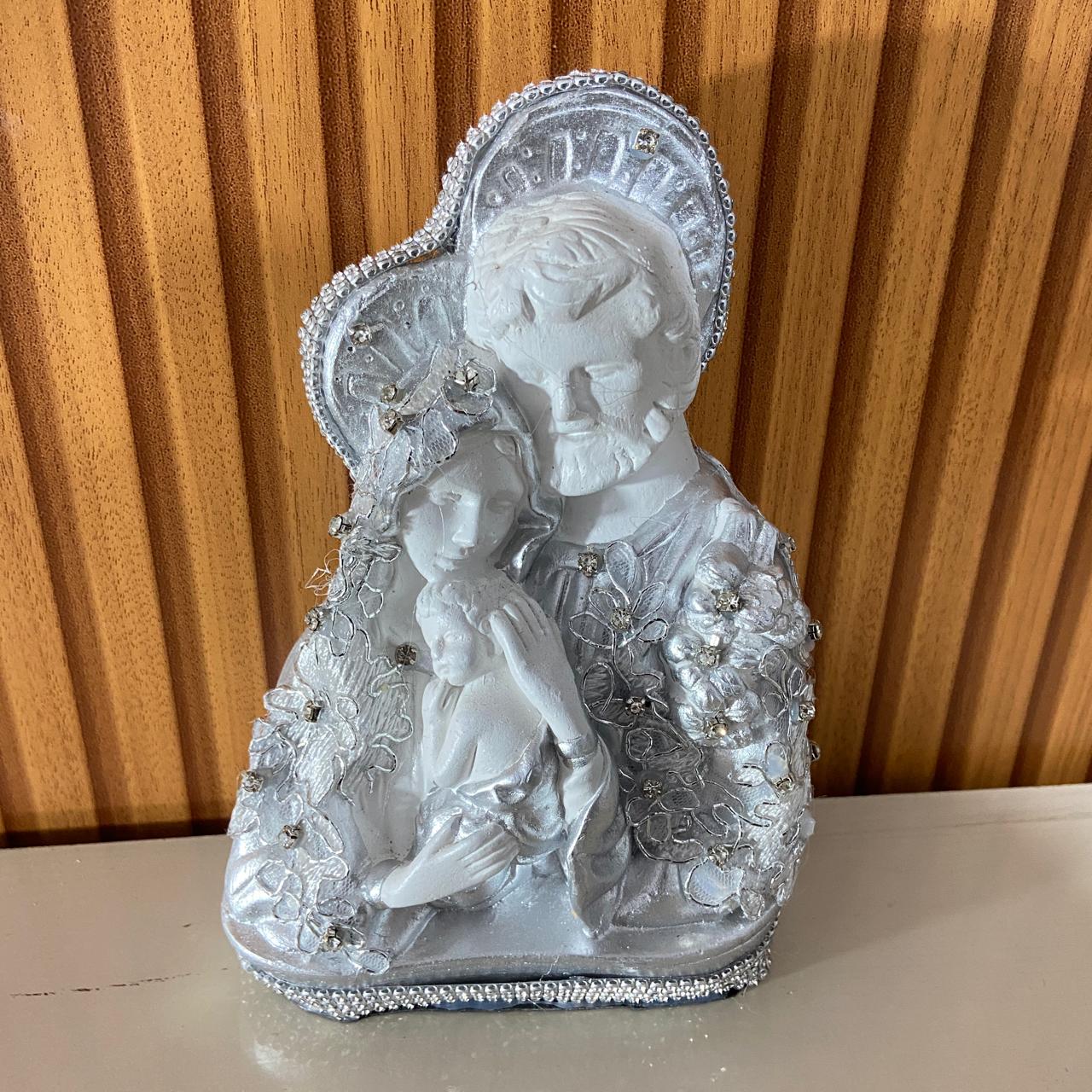 BUSTO DE GESSO SAGRADA FAMÍLIA DECOUPAGE PRATEADO 20CM (1 UNIDADE)