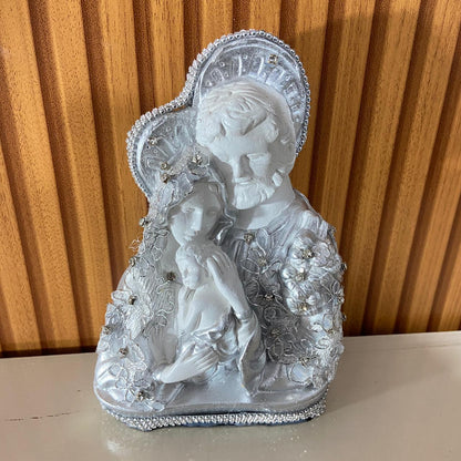 BUSTO DE GESSO SAGRADA FAMÍLIA DECOUPAGE PRATEADO 20CM (1 UNIDADE)