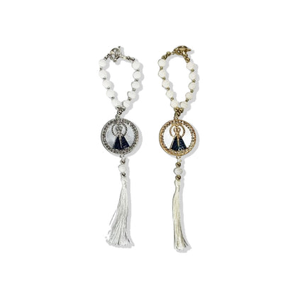 DEZENA PARA CARRO DOURADA E PRATEADA NOSSA SENHORA APARECIDA REDONDA MADREPÉROLA AMORA BRANCA 10MM (3 UNIDADES)