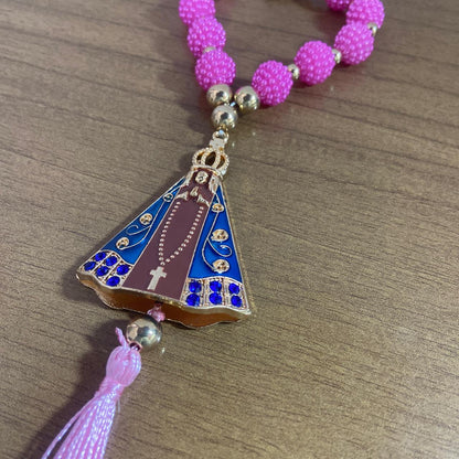 DEZENA PARA CARRO NOSSA SENHORA APARECIDA MARROM AMORA ROSA MOD2 12MM (3 UNIDADES)