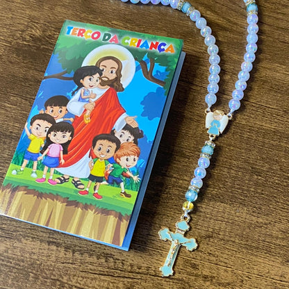 TERÇO PÉROLA  COM STRASS  ANJO DA GUARDA AZUL 08MM (1 UNIDADE)