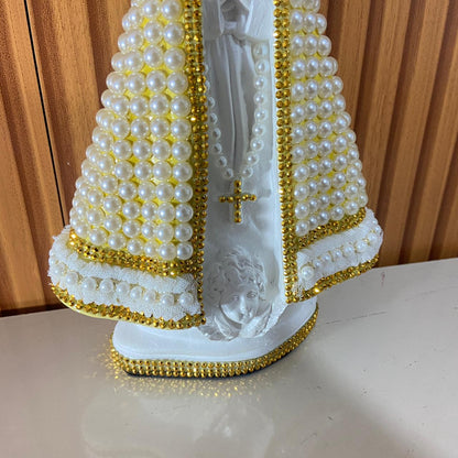 IMAGEM DE GESSO NOSSA SENHORA APARECIDA BRANCA PÉROLA COM STRASS 26,5CM (1 UNIDADE)