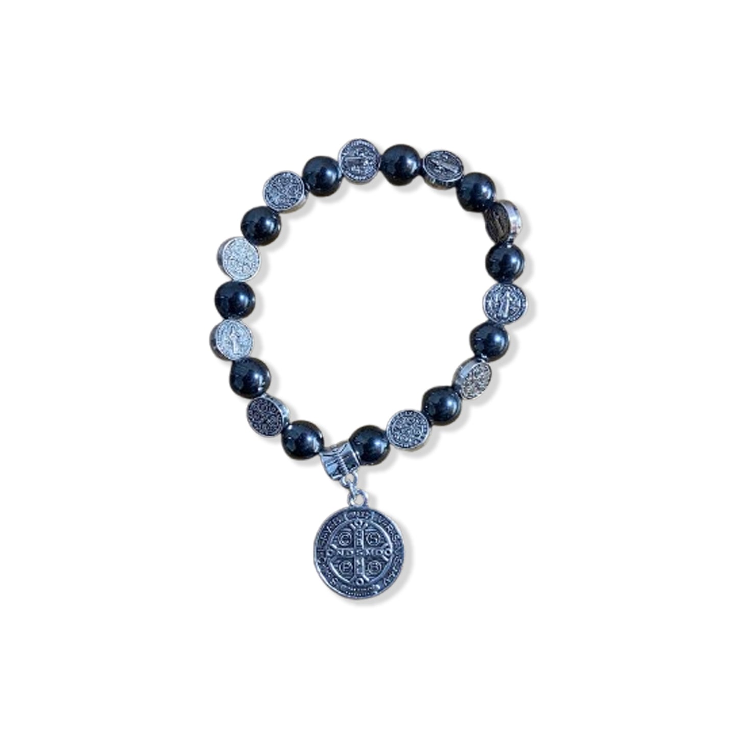PULSEIRA HEMATITA MEDALHAS DECORADAS SÃO BENTO MOD3 (12 UNIDADES)