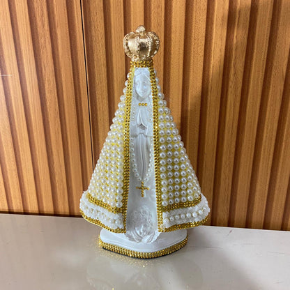IMAGEM DE GESSO NOSSA SENHORA APARECIDA BRANCA PÉROLA COM STRASS 26,5CM (1 UNIDADE)
