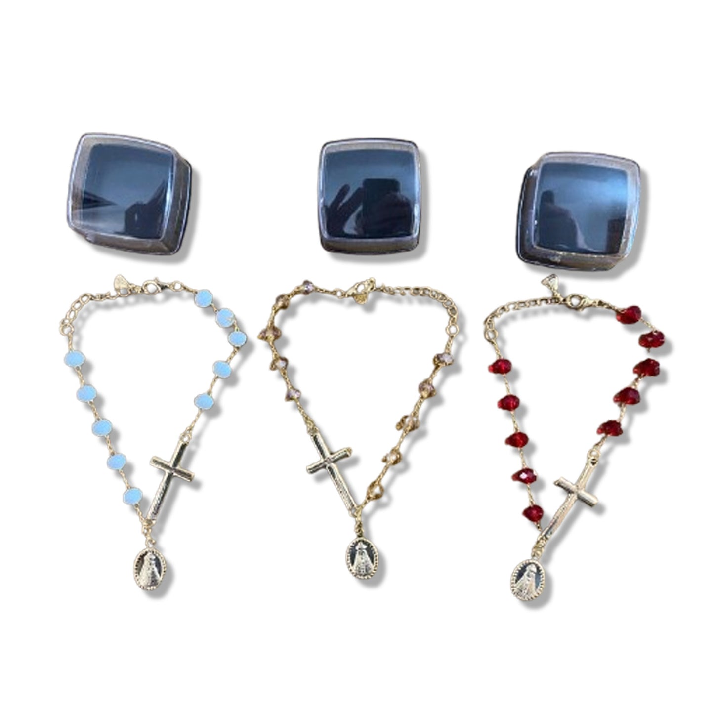 PULSEIRA CRISTAL CRUZ COM PINGENTE NOSSA SENHORA APARECIDA CORES SORTIDAS  (03 UNIDADES)