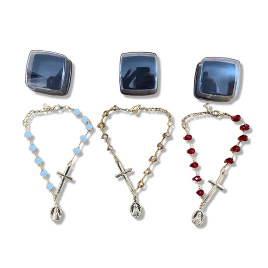 PULSEIRA CRISTAL CRUZ COM PINGENTE NOSSA SENHORA APARECIDA CORES SORTIDAS  (03 UNIDADES)