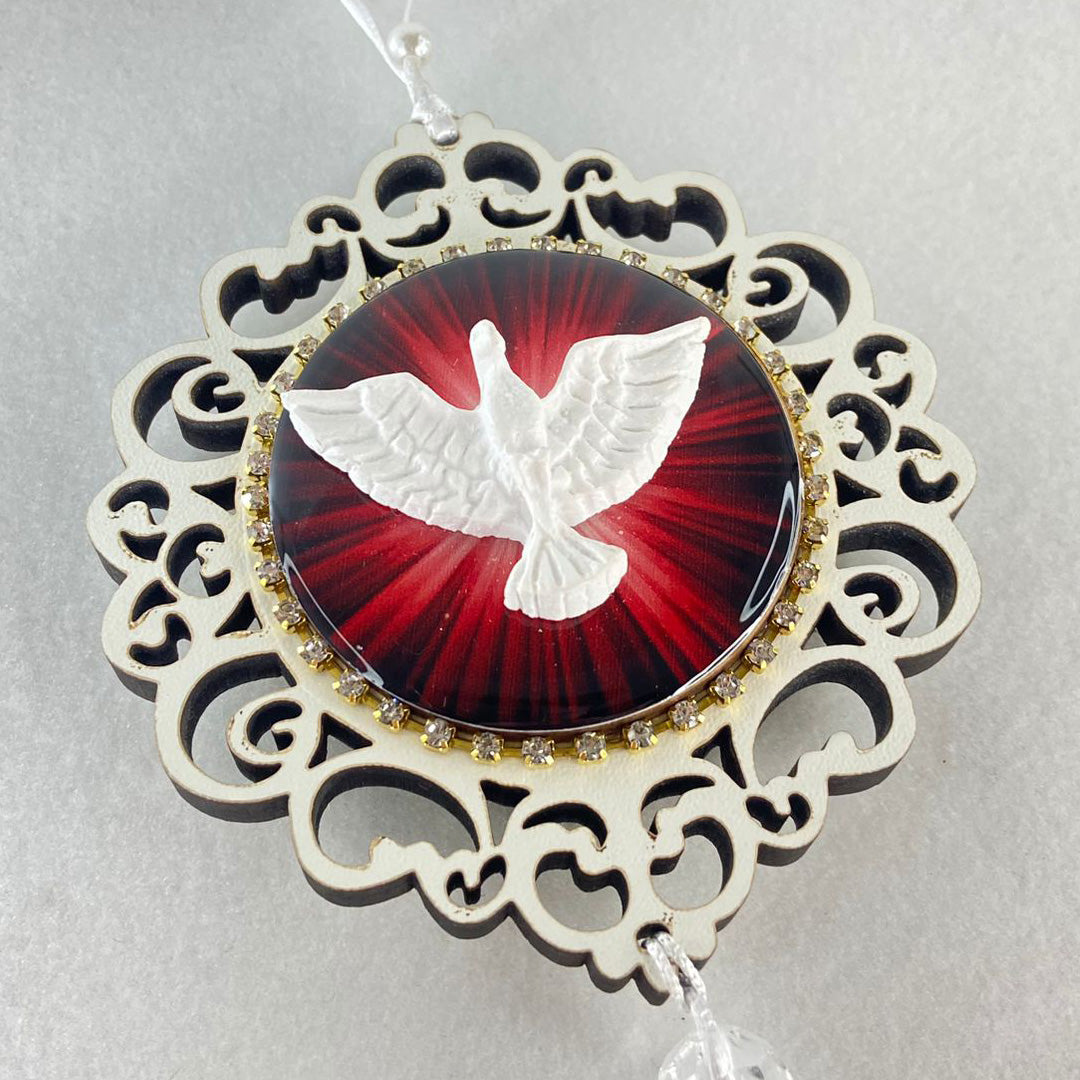 MEDALHÃO DE PORTA RESINADO COM STRASS DIVINO ESPÍRITO SANTO EM RELEVO (1 UNIDADE)