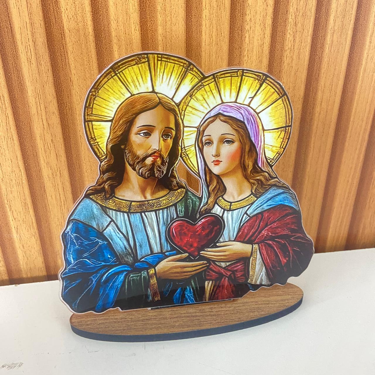ADORNO DE MESA ACRÍLICO RESINADO SAGRADO CORAÇÃO DE JESUS E IMACULADO CORAÇÃO DE MARIA 14CM (1 UNIDADE)