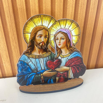 ADORNO DE MESA ACRÍLICO RESINADO SAGRADO CORAÇÃO DE JESUS E IMACULADO CORAÇÃO DE MARIA 14CM (1 UNIDADE)