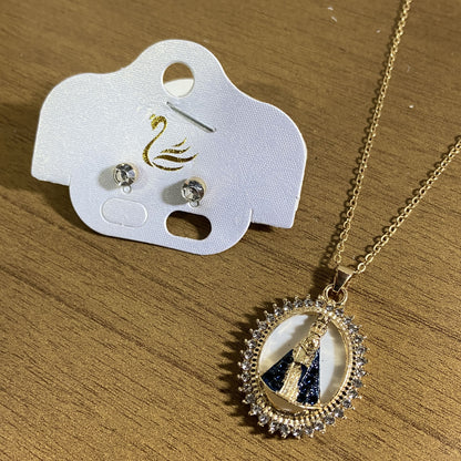 CORRENTE DOURADA COM BRINCO PONTA DE LUZ NOSSA SENHORA APARECIDA MOD 05  ( 1 UNIDADE)
