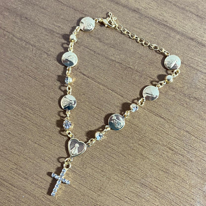 PULSEIRA DOURADA MEDALHAS DECORADAS NOSSA SENHORA APARECIDA COM STRASS  (3 UNIDADES)