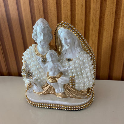BUSTO DE GESSO SAGRADA FAMÍLIA BRANCO E DOURADO COM PÉROLA E STRASS 13CM MOD2 (1 UNIDADE)