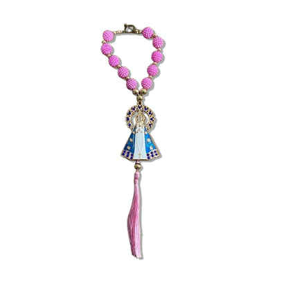 DEZENA PARA CARRO NOSSA SENHORA APARECIDA BRANCA AMORA ROSA E STRASS AZUL 12MM (3 UNIDADES)