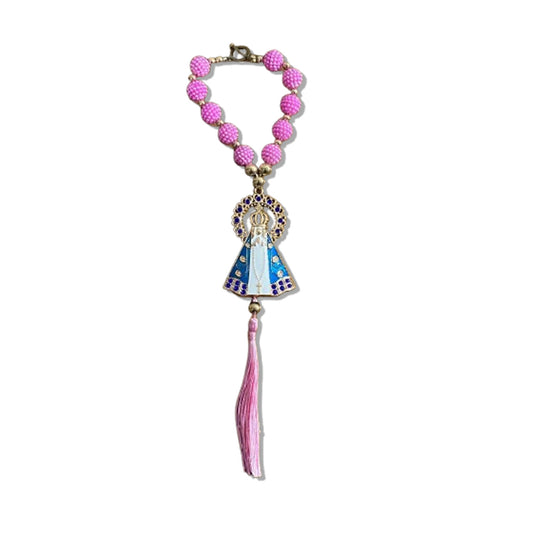 DEZENA PARA CARRO NOSSA SENHORA APARECIDA BRANCA AMORA ROSA E STRASS AZUL 12MM (3 UNIDADES)