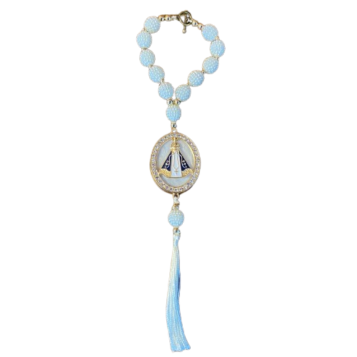 DEZENA PARA CARRO MADREPÉROLA NOSSA SENHORA APARECIDA AMORA BRANCA 12MM MOD2 (3 UNIDADES)