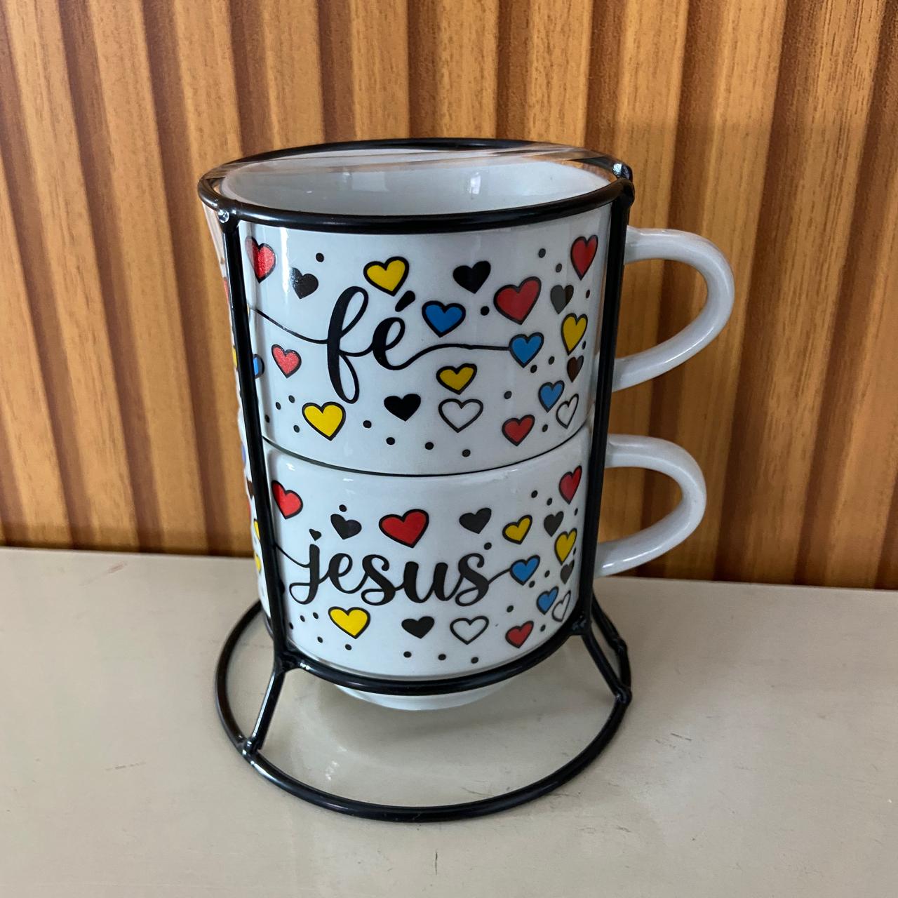 XÍCARA BRANCA EMPILHÁVEL FÉ E JESUS ( 2 UNIDADES)