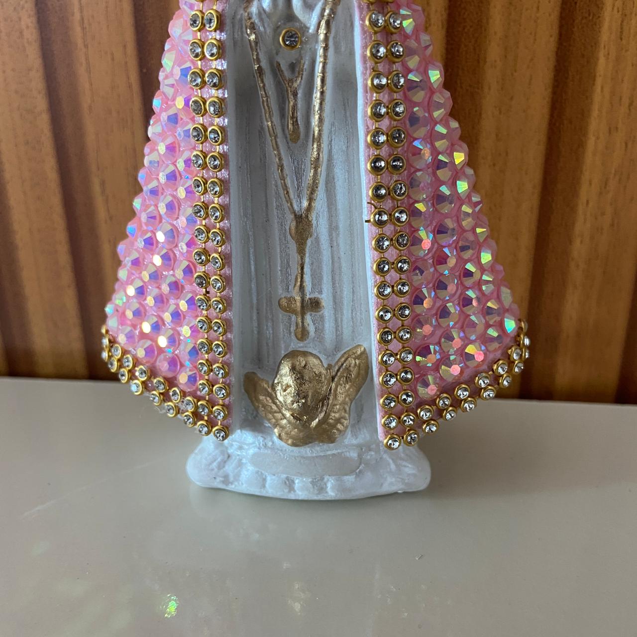 IMAGEM DE GESSO NOSSA SENHORA APARECIDA BRANCA COM STRASS ROSA 14CM (1 UNIDADE)