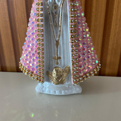 IMAGEM DE GESSO NOSSA SENHORA APARECIDA BRANCA COM STRASS ROSA 14CM (1 UNIDADE)