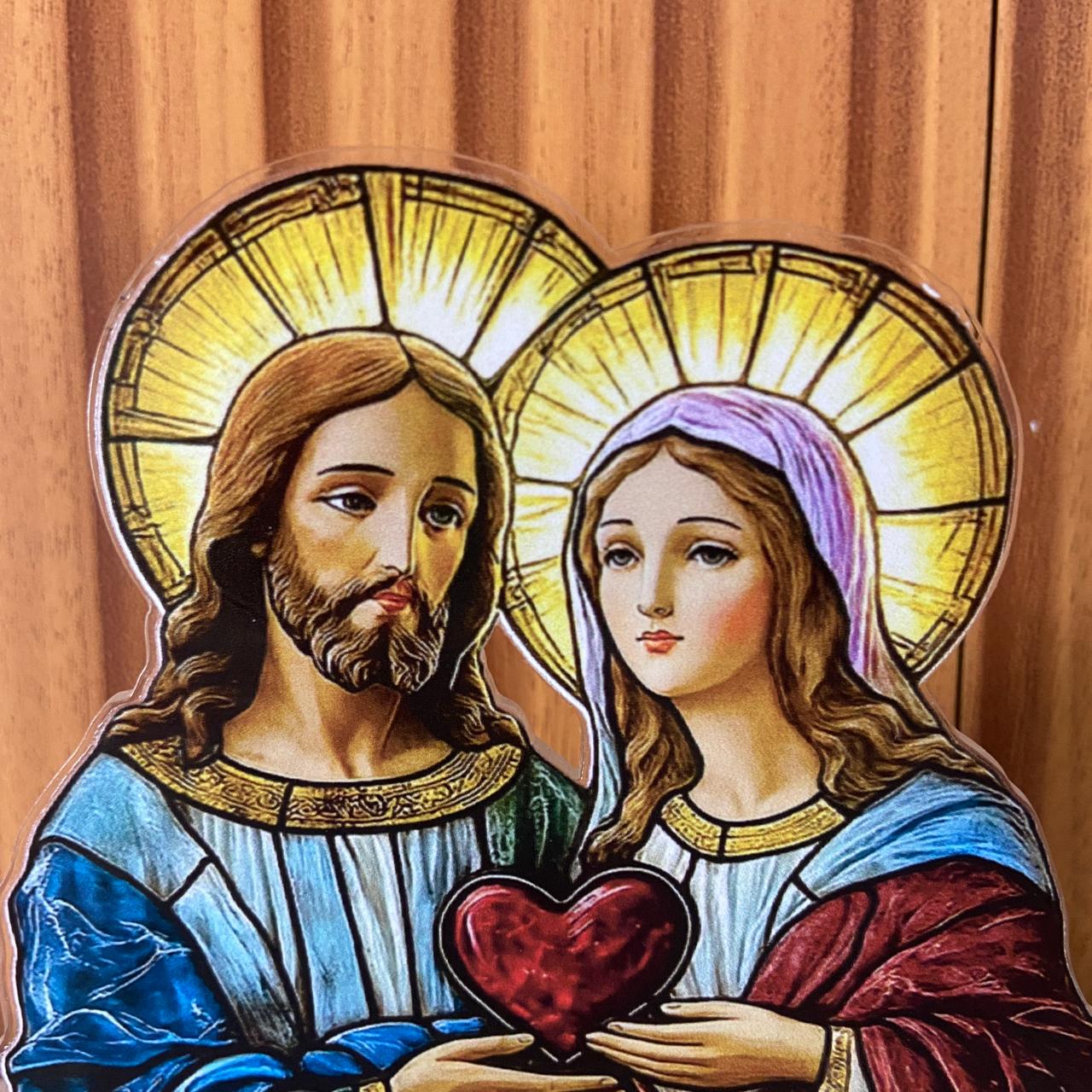 ADORNO DE MESA ACRÍLICO RESINADO SAGRADO CORAÇÃO DE JESUS E IMACULADO CORAÇÃO DE MARIA 11CM (1 UNIDADE)