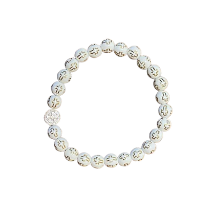 PULSEIRA DE MADEIRA BRANCA CONTAS DECORADAS CRUZ  NOSSA SENHORA APARECIDA  (06 UNIDADES)