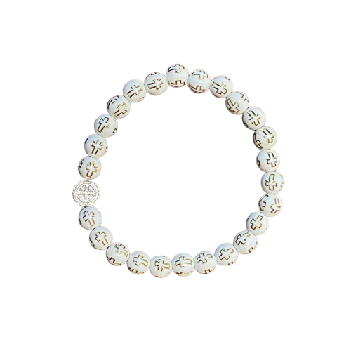 PULSEIRA DE MADEIRA BRANCA CONTAS DECORADAS CRUZ  NOSSA SENHORA APARECIDA  (06 UNIDADES)