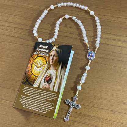 TERÇO ACRÍLICO BRANCO COM FECHO NOSSA SENHORA DE FÁTIMA MOD2 08MM (1 UNIDADE)