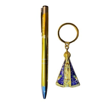 KIT CANETA COM CHAVEIRO NOSSA SENHORA APARECIDA DOURADO ( 1 UNIDADE)