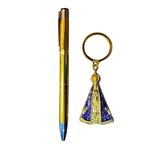 KIT CANETA COM CHAVEIRO NOSSA SENHORA APARECIDA DOURADO ( 1 UNIDADE)