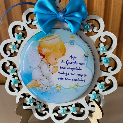 MEDALHÃO DE BERÇO ANJINHO AZUL COM ORAÇÃO (1 UNIDADE)