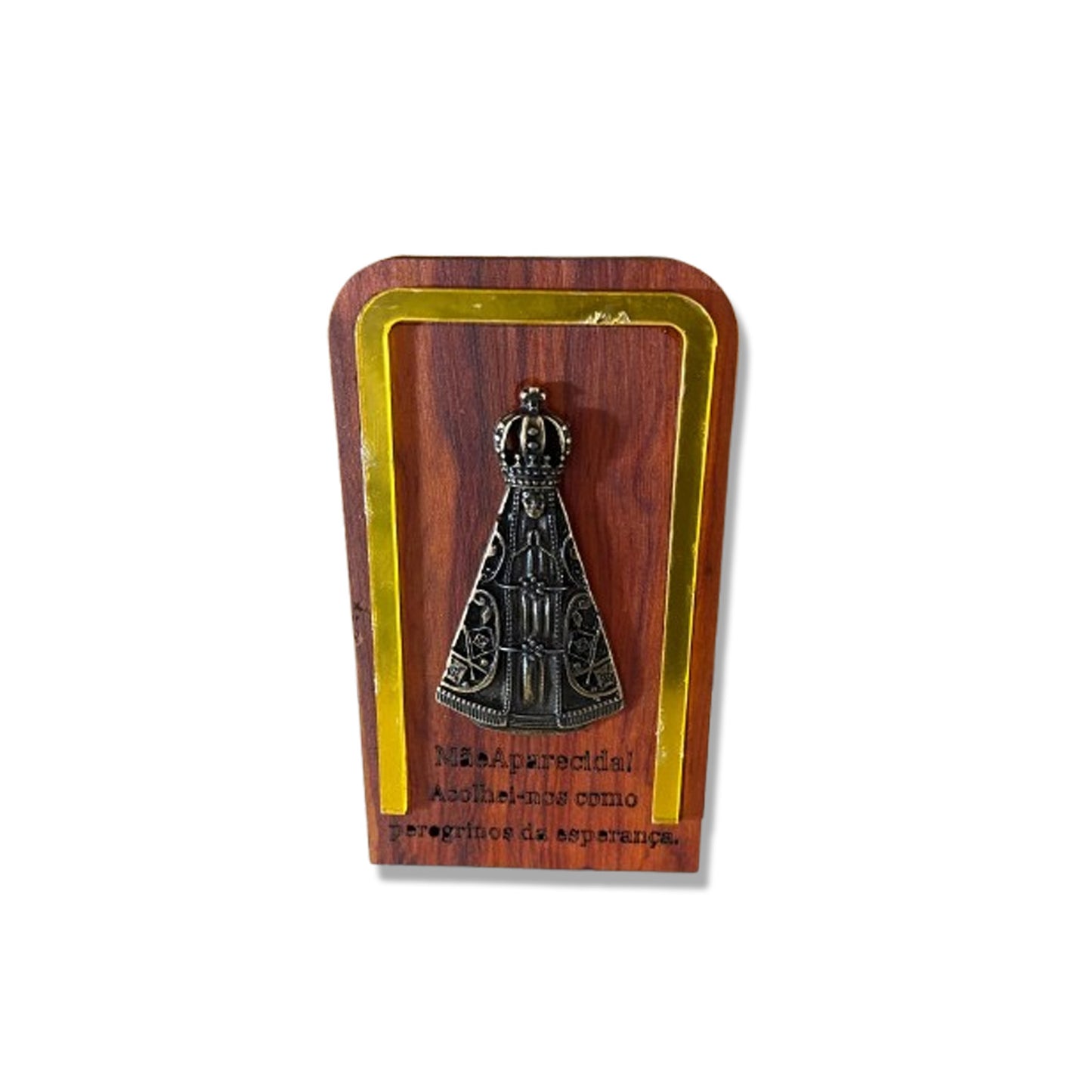 ADORNO DE MESA MADEIRA COM NOSSA SENHORA APARECIDA METAL OURO VELHO 13,5CM (1 UNIDADE)