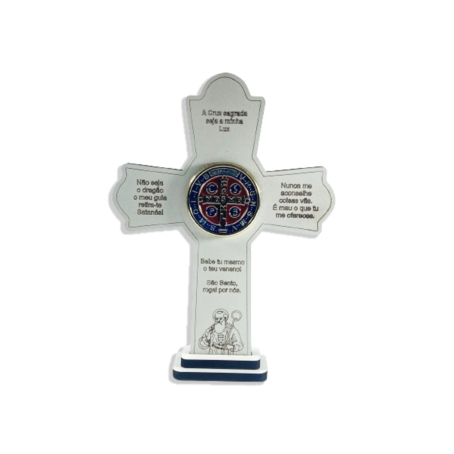 CRUCIFIXO MDF BRANCO MEDALHA SÃO BENTO MESA E PAREDE 21CM (1 UNIDADE)