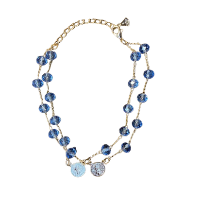 PULSEIRA ESCAPULÁRIO CRISTAL AZUL TRANSPARENTE MEDALHA SÃO BENTO  (3 UNIDADES)