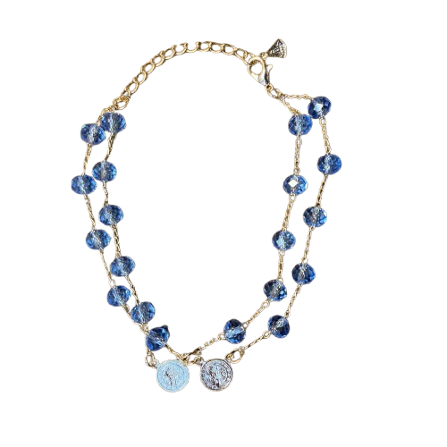 PULSEIRA ESCAPULÁRIO CRISTAL AZUL TRANSPARENTE MEDALHA SÃO BENTO  (3 UNIDADES)