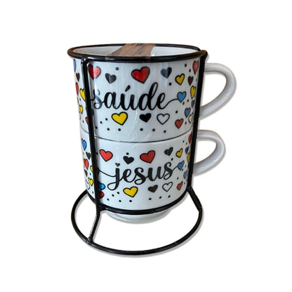 XÍCARA BRANCA EMPILHÁVEL SAÚDE E JESUS  ( 2 UNIDADES)