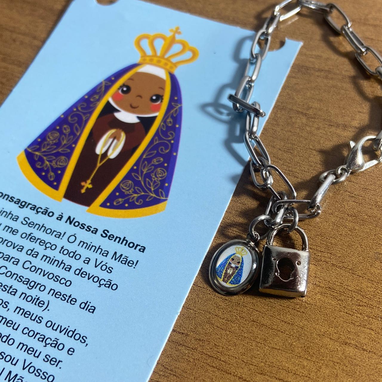 PULSEIRA CADEADO INFANTIL NOSSA SENHORA APARECIDA NA CARTELA (3 UNIDADES)