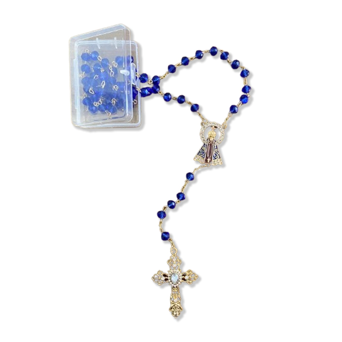 TERÇO DE NOIVA CRISTAL AZUL TRANSPARENTE NOSSA SENHORA APARECIDA 06MM (1 UNIDADE)