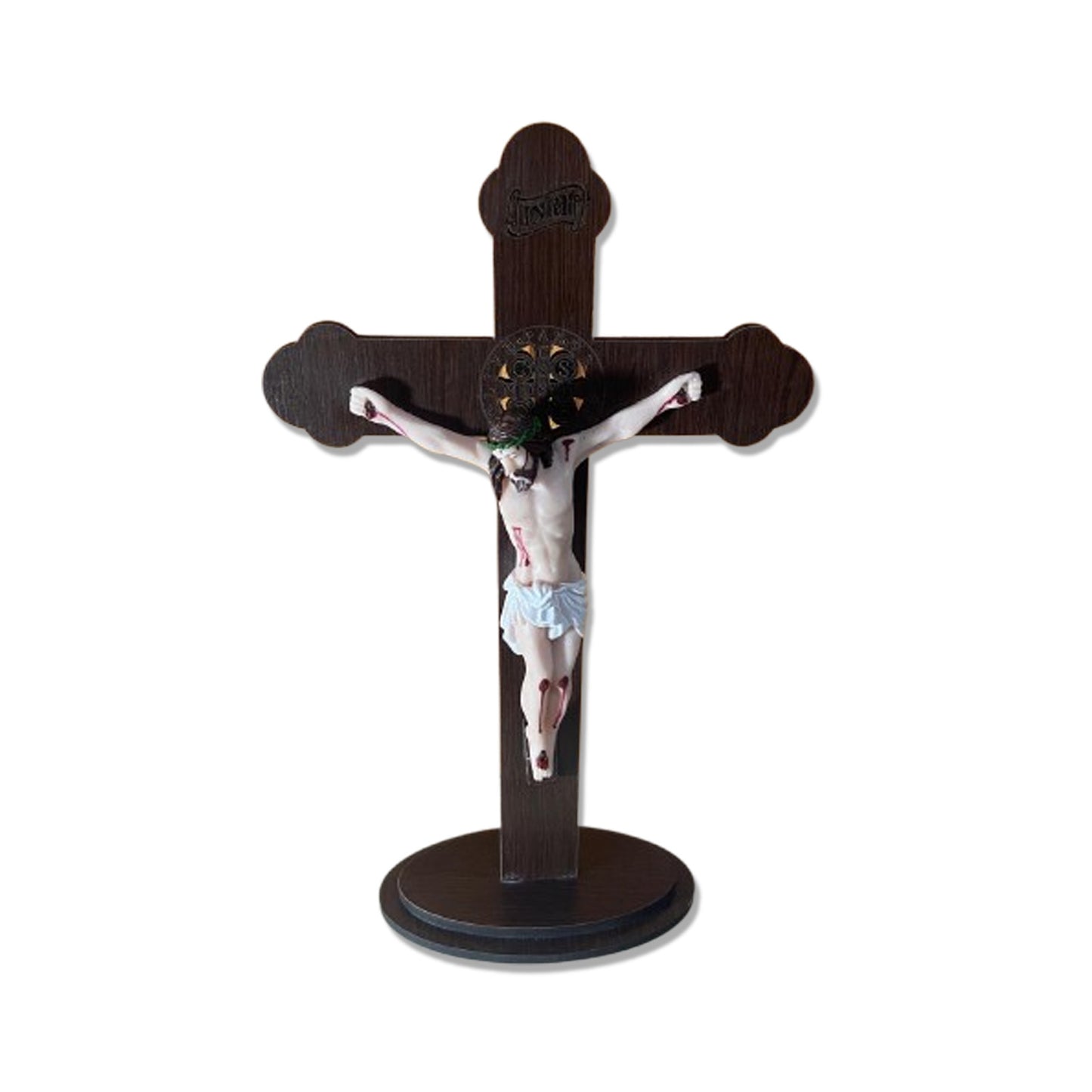 CRUCIFIXO MDF DE MESA MEDALHA SÃO BENTO COM CRISTO DE RESINA NACIONAL MOD1 36CM (1 UNIDADE)