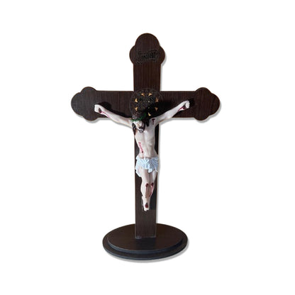 CRUCIFIXO MDF DE MESA MEDALHA SÃO BENTO COM CRISTO DE RESINA NACIONAL MOD1 36CM (1 UNIDADE)
