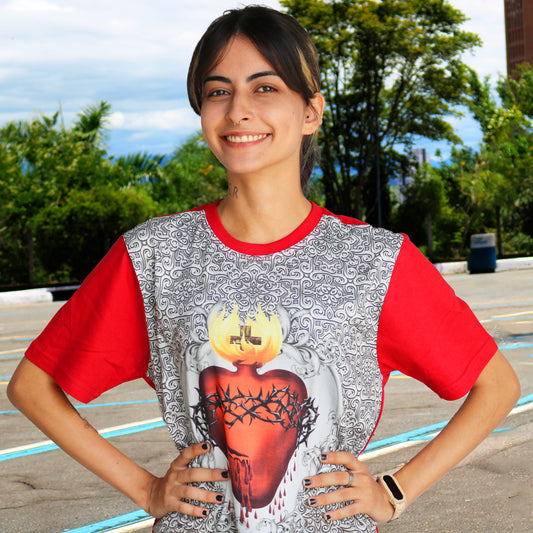 CAMISETA VERMELHA CORAÇÃO ARDENTE DE JESUS TAMANHO G (1 UNIDADE)