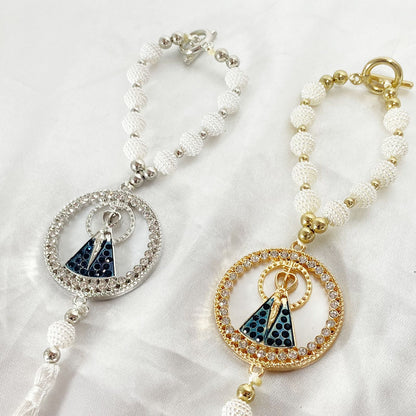 DEZENA PARA CARRO DOURADA E PRATEADA NOSSA SENHORA APARECIDA REDONDA MADREPÉROLA AMORA BRANCA 10MM (3 UNIDADES)
