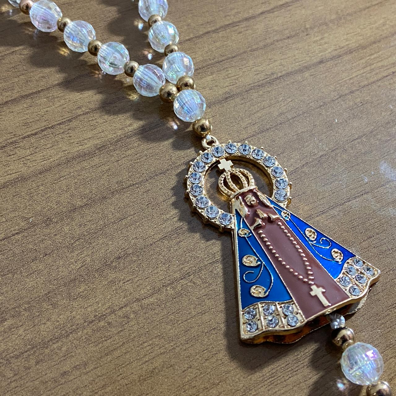 DEZENA PARA CARRO CRISTAL NOSSA SENHORA APARECIDA MARROM COM STRASS 12MM (3 UNIDADES)