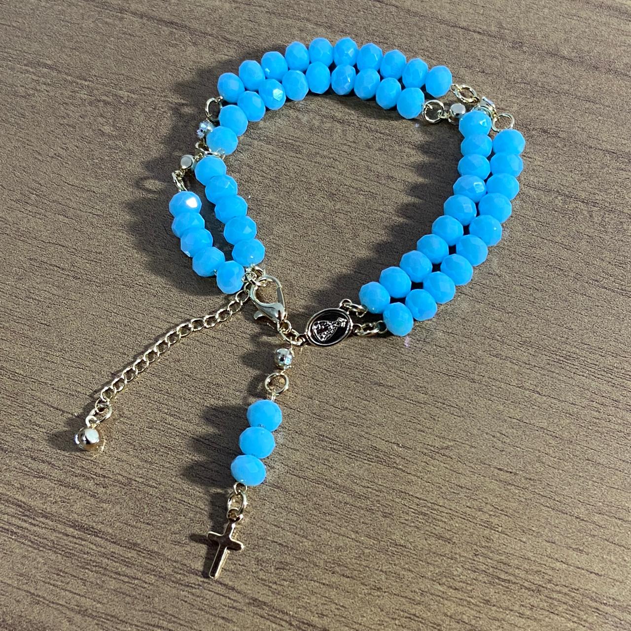 TERÇO PULSEIRA CRISTAL AZUL BEBÊ  (3 UNIDADES)
